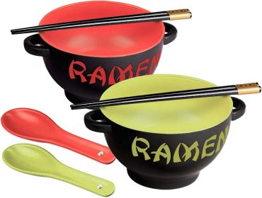 World Market Japanese Ceramic Ramen Bowl Set of 2 - Noodle Bowl with Soup Spoon and Chopsticks - Serving Bowls for Noodle;  Ramen;  Udon;  Miso;  Thai
