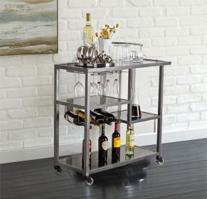 Contemporary Style Metal Bar Cart With Tempered Glass Shelves; Gunmetal Gray Black