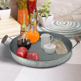 Round Galvanized Metal Serving Tray With Wooden Handles; Gray
