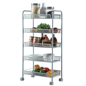 5-Tier Storage Cart Rolling Trolley, Push Organizer Utility Cart with Lockable Wheels, Hooks, for Home Kitchen, Office