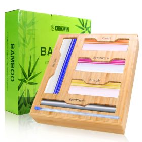 Bamboo Ziplock Bag Organizer for Drawer; Containers for Organizing Pantry; Wrap Dispenser with Cutter; Compatible with Gallon; Quart; Sandwich&Snack B