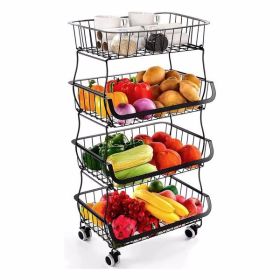 Fruit Vegetable Storage Basket for Kitchen - 4 tier Stackable Metal Wire Baskets Cart with Rolling Wheels Utility Fruits Rack Produce Snack Organizer