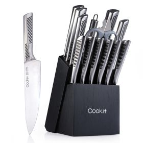 Kitchen Knife Set; 15 Piece Knife Sets with Block; Chef Knives with Non-Slip German Stainless Steel Hollow Handle Cutlery Set with Multifunctional Sci