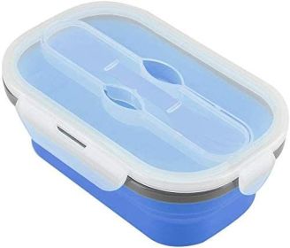 Lunch Box Collapsible Silicone Food Storage with Fork Spoon Expandable Eco Lunch Bento Box BPA-Free Dishwasher Freezer Microwave Safe (Color: Blue)