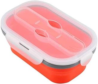 Lunch Box Collapsible Silicone Food Storage with Fork Spoon Expandable Eco Lunch Bento Box BPA-Free Dishwasher Freezer Microwave Safe (Color: Red)
