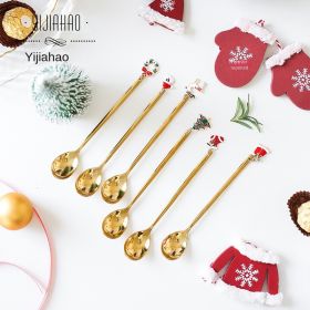 Christmas party tableware dessert fork ice cream coffee stir spoon holiday stainless steel tableware set (colour: Six piece gift box set, Specifications: Golden fork)