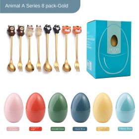 New Creative Tableware Mind Egg Light and Luxury Christmas Cartoon Doll Dessert Spoon Fork Stirring Spoon Wedding Gift (colour: Cherry blossom powder egg, Specifications: Animal spoon fork 8-piece package - type A)