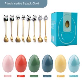 New Creative Tableware Mind Egg Light and Luxury Christmas Cartoon Doll Dessert Spoon Fork Stirring Spoon Wedding Gift (colour: Cherry blossom powder egg, Specifications: Panda spoon fork 8 pieces)