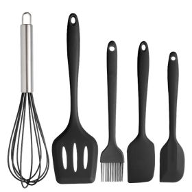 The manufacturer supplies silica gel kitchenware set; scraper; 5-piece baking tool set; pot; spatula; cooking spoon (size: Black five piece set)