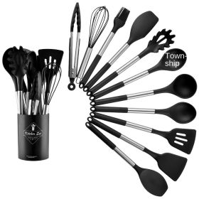 Stainless tube handle silicone insulated tail cover silicone kitchen set 12 pieces silicone spatula spoon 2021 new (size: Small drum - black)