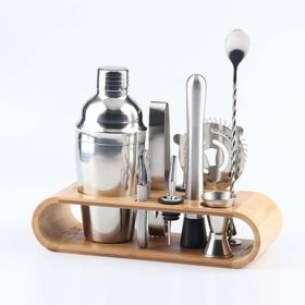 Stainless Steel Bar Cocktail Shaker Set 550ml Bar Supplies Tool Set with Bamboo Frame (colour: Natural color)
