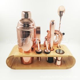 Stainless Steel Bar Cocktail Shaker Set 550ml Bar Supplies Tool Set with Bamboo Frame (colour: rose gold)