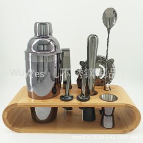 Stainless Steel Bar Cocktail Shaker Set 550ml Bar Supplies Tool Set with Bamboo Frame (colour: black)