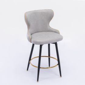 Counter Height 25" Modern Leathaire Fabric bar chairs; 180Â° Swivel Bar Stool Chair for Kitchen; Tufted Gold Nailhead Trim Bar Stools with Metal Legs; (Color: Light Gray)