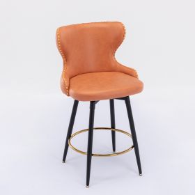 Counter Height 25" Modern Leathaire Fabric bar chairs; 180Â° Swivel Bar Stool Chair for Kitchen; Tufted Gold Nailhead Trim Bar Stools with Metal Legs; (Color: orange)
