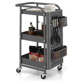 Multifunction 3-Tier Utility Storage Cart Metal Rolling Trolley W/ DIY Pegboard Baskets (Color: Grey, Type: Kitchen Islands & Carts)