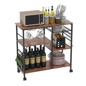 Kitchen Shelf Microwave Oven Rack Board with 6 Hooks and 4 Removable Stop Wheels, Suitable for Kitchen/Home Office/Bathroom (Brown) (Color: Brown)