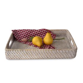 Rectangular Rattan Wicker Serving Trays with Handles | Handcrafted Breakfast, Food, Dish, Coffee, Bread Serving Baskets for Home and Restaurants (Color: Whitewash, size: 18x13-inch)